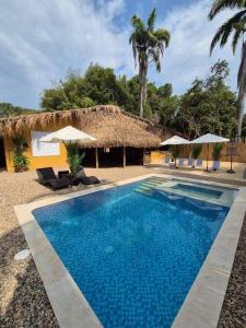 Ecoluxury Villa Yakarta Playa artificial minicine في ميلغار: مسبح مع مظلات ومنتجع