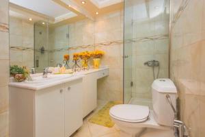 Un baño con inodoro, lavabo y ducha. en Sea View-Sunset View Apartments, en Ixia