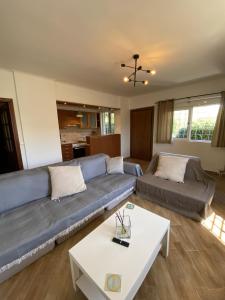 a living room with a blue couch and a table at PATIMA Chalandri House in Athens