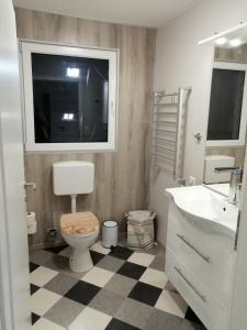 a bathroom with a toilet and a sink and a mirror at Ferienwohnung Hof Postel in Hemmoor +32 photos