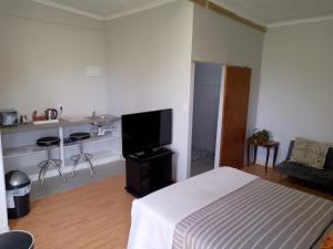 a bedroom with a bed and a kitchen with a counter at Fisherhaven Guest House in Hermanus