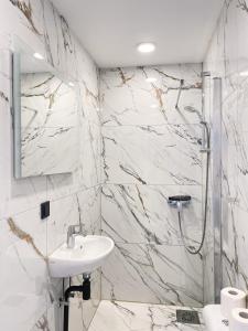 a bathroom with a sink and a shower at Hotel Plantage in Amsterdam +40 photos