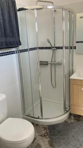 a bathroom with a shower with a toilet and a sink at Casa Azul in São Vicente