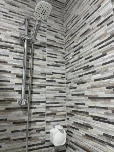 a shower in a bathroom with a stone wall at Vistas Plaza España centro ciudad Las Palmas in Las Palmas de Gran Canaria +61 photos