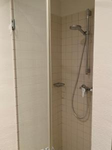 a shower in a bathroom with a glass door at Stylish Sea-View Apartment by the Marina in Kuressaare +5 photos