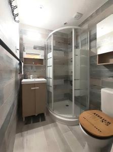 une salle de bains avec douche, lavabo et toilettes dans l'établissement T2-3 cabine Les YUCCAS 200 m plage du Boucanet Rive Droite Grau du Roi idéal 2-4 pers, au Grau-du-Roi