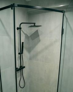a shower with a glass door in a bathroom at Lux Apartament Center in Chişinău