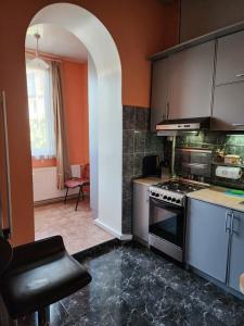 a kitchen with a stove top oven in a room at Riverside Baratashvili Apartment in Tbilisi City