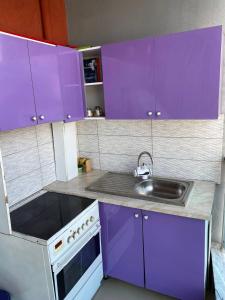 ポグラデツにあるGenti Guesthouseの小さなキッチン(紫色のキャビネット、シンク付)