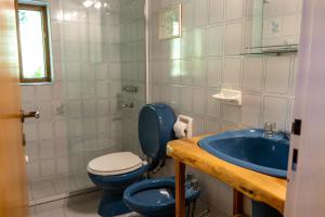 a bathroom with a blue toilet and a sink at Cabañas Naxara in Villa La Angostura +21 photos