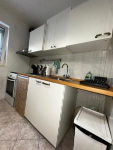 a kitchen with white cabinets and a white refrigerator at Apartment Rose in Portorož