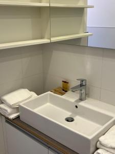 a bathroom with a white sink and shelves at Bernina View in Tirano