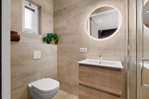 a bathroom with a toilet and a sink and a mirror at Hello Zeeland - Studio's Duinenburg 10 in Domburg