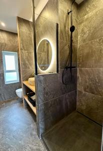 a bathroom with a shower with a mirror at Appartement de Charme - Le Large in La Tente-Verte