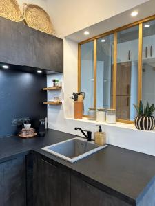 a kitchen counter with a sink and a mirror at Appartement de Charme - Le Large in La Tente-Verte