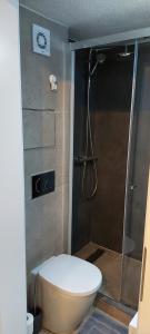 ein Bad mit einer Dusche, einem WC und einer Dusche in der Unterkunft OldTown Studio in Bukarest + 28 Fotos