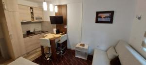 a small kitchen with a table in a room at Vila Zvončica, apartman Puzović 22 in Kopaonik