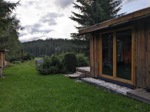 a cabin with a glass door in the grass at Beutners Berghütte in Stützerbach