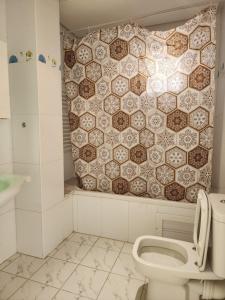 a bathroom with a toilet and a tiled wall at S2 meilleur emplacement à jardin l'aouina in El Aouina +9 photos