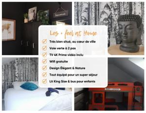 a collage of pictures of a room with a bed and a sign at Feel at Home - à 2 pas de la voie Verte & Meuse in Braux