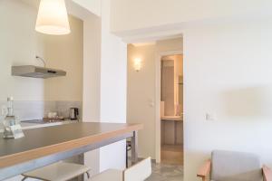 a kitchen with a counter top and a sink at Armonia Bay Hotel in Kokkari