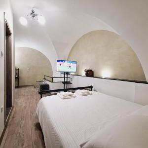 een slaapkamer met een bed en een flatscreen-tv bij THOMAS LUXURY APARTMENT in the historical center of Ioannina in Ioannina