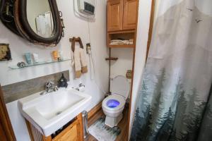a small bathroom with a toilet and a sink at Black bear cabin with blow up hot tub in Necedah