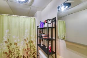 a bathroom with a shower curtain and a shelf at South Dakota Hideaway Walk to Dtwn Redfield in Redfield +16 photos