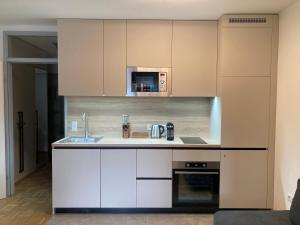 a kitchen with a sink and a microwave at Fresh Apartment City & Free Parking in Graz +16 photos