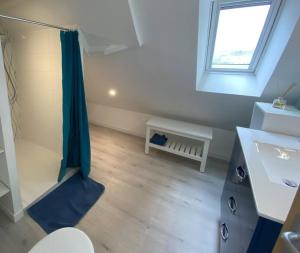 a bathroom with a sink and a toilet and a window at Locquenole - maison avec vue mer in Locquénolé +18 photos