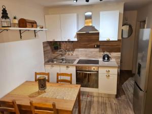 a kitchen with a table and a sink and a refrigerator at Apartman Denis in Brod Moravice