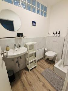 ヒルデスハイムにあるGrothes City Apartment am Rathausの洗面台、トイレ、鏡のあるバスルーム