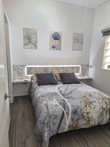 a bedroom with a bed and three paintings on the wall at Casita Leos in Agüimes
