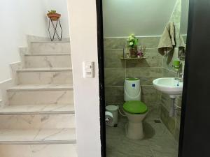 Un baño con un inodoro verde y un lavabo. en Hospedaje Zamacha, en Rivera