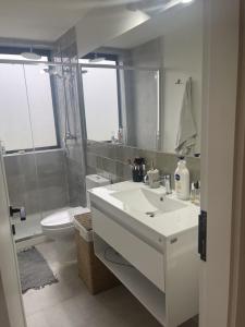 a bathroom with a white sink and a toilet at Fundo Las Cumbres in Puerto Varas +25 photos