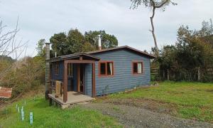 a small blue house in a yard with a porch at Cabaña VerdeNativo-Puerto Octay in Puerto Octay