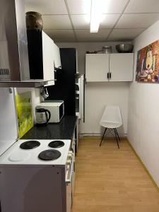 a kitchen with a stove and a counter top at Würzburg Gerbrunn Monteurzimmer Wohnung 2 Etage in Gerbrunn +3 photos
