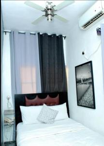 Ijebu OdePALAIS ROYALE HOTEL & SUITEs的卧室配有白色的床和吊扇