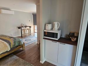 a room with a kitchen with a microwave on a counter at The Garden House BnB in Barellan Point