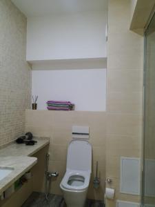 a bathroom with a white toilet and a sink at cosy flat in the city center in Gornyy Gigant