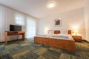 a bedroom with a bed and a desk and a television at OG Ferienwohnung 4 Personen 2 in Rieden