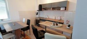 una piccola cucina con tavolo e frigorifero di Apartman Ana a Apatin
