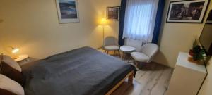sypialnia z łóżkiem i dwoma krzesłami oraz oknem w obiekcie Pool Apartments w Karlowych Warach
