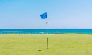 a blue flag in a field next to the ocean at SuperHosts Suites Estepona in Estepona