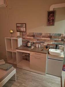 a kitchen with a counter and a sink in it at Magura Studios Plovdiv Center by Hancho Group in Plovdiv