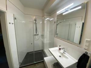 Un baño con ducha, lavabo y espejo. en Atelier-Ferienwohnung, en Mülheim an der Ruhr