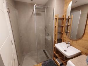 un bagno con doccia e lavandino di Teo Divčigora a Divčibare
