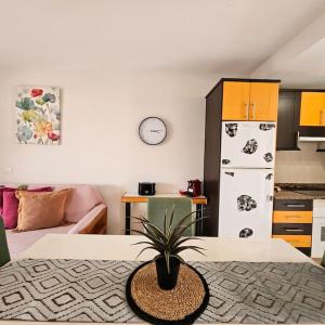 Una habitación con cocina y una planta sobre una mesa. en Esmeralda Sunny Relax, en Caleta de Fuste