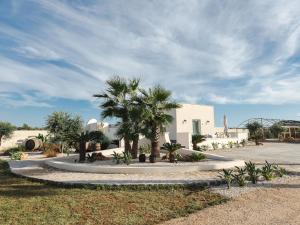una casa bianca con palme di fronte di Casa Vacanze Il Vigneto a Marsala