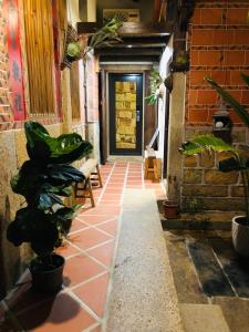 an entrance to a building with a door and plants at Wuzou Guesthouse in Jinsha